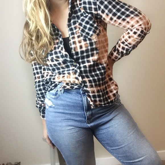 Plaid Flannel Upcycled Bleach Tie Dye Top - Picture 1 of 8